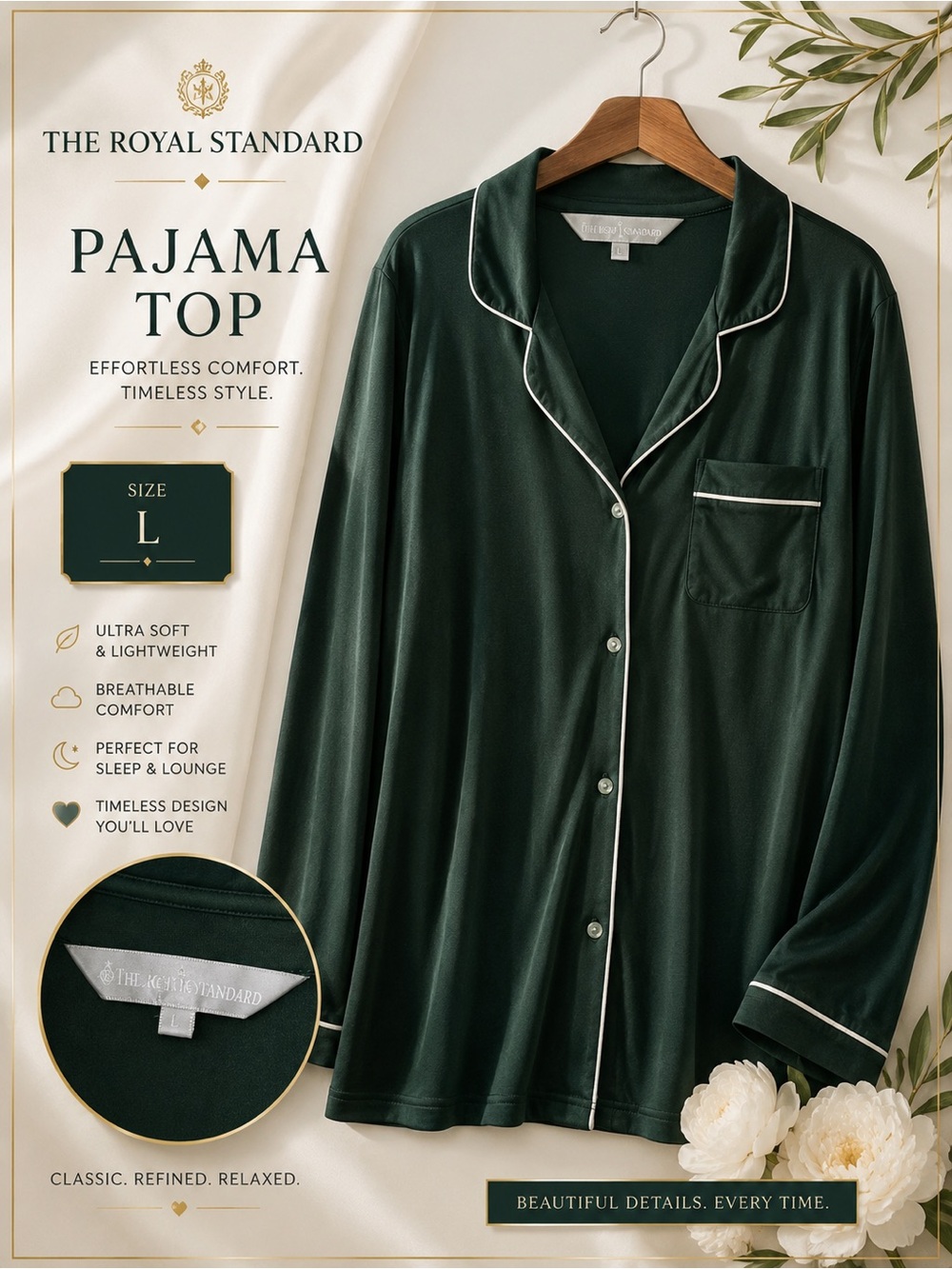 The Royal Standard Pajama Top Large Green Button Front Sleep Shirt